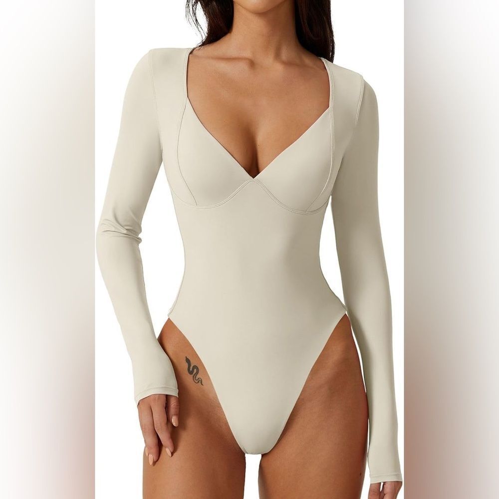 QINSEN Sculpting Long Sleeve Bodysuit Beige